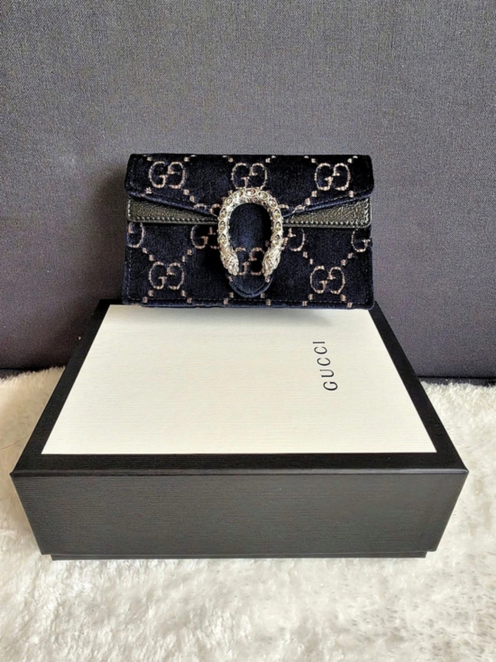 Gucci Dionysus Super Mini GG Monogram Velvet Crossbody Bag Black & Gold